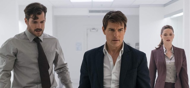 Henry Cavill, Tom Cruise and Rebecca Ferguson in Mission Impossible: Fallout